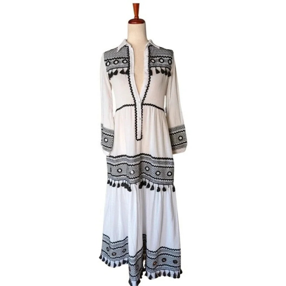 DODO Bar Or  White Black Embroidered Tassel Mirror Maxi Dress‎ Womens S Cotton - Picture 2 of 9